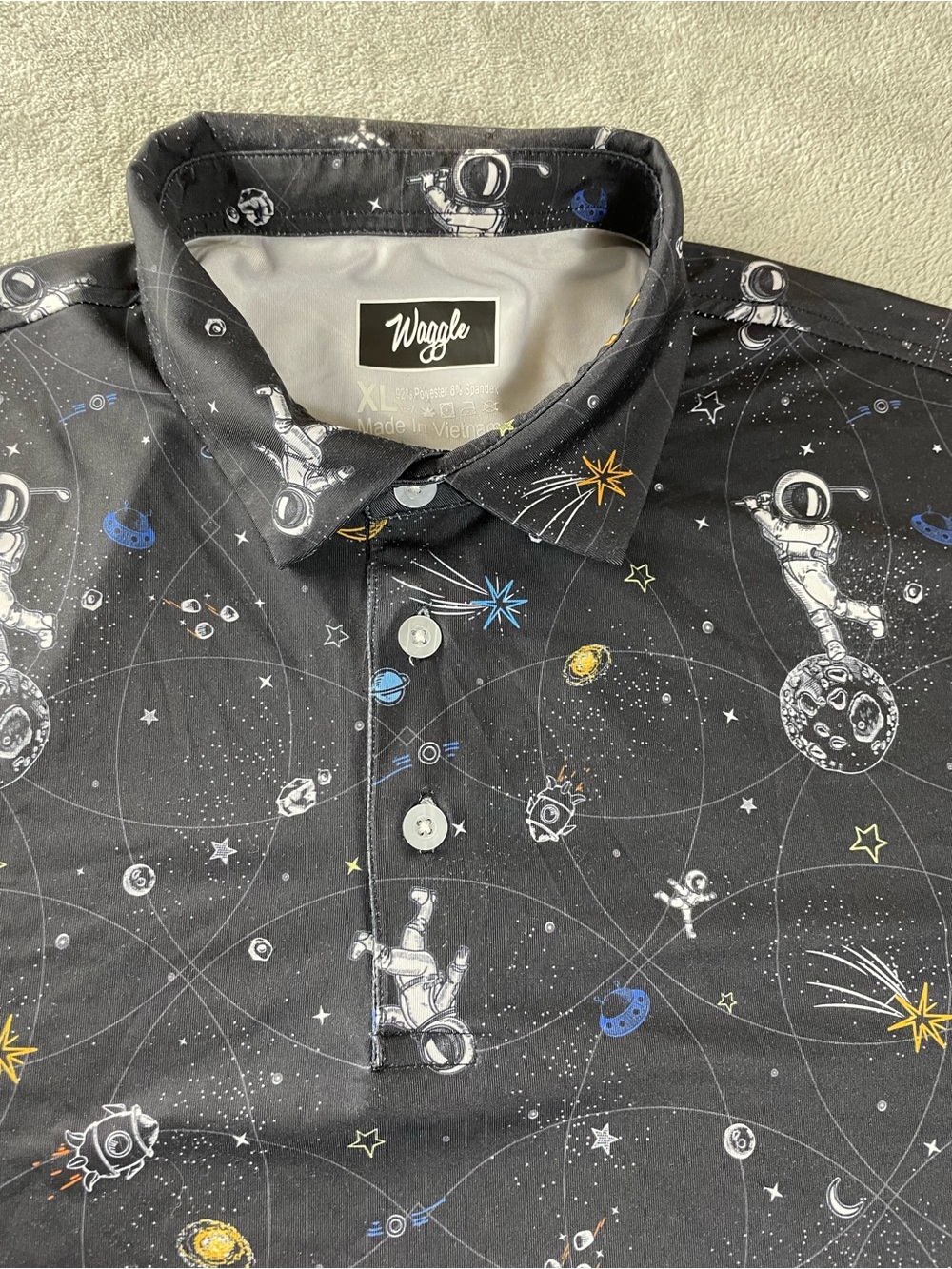 Waggle Golf Polo Shirt Mens XL Astronaut Space Galaxy All Over Print Performance